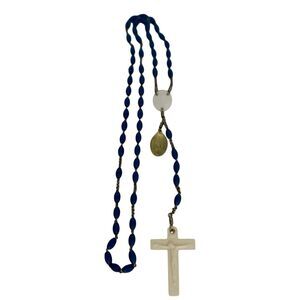 Vintage Blue Bead Catholic Rosary Oval Beads White Crucifix & Religious Medals